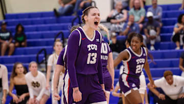 Nov. 29, 2024-Sedona Prince (13) celebrates as TCU women's basketball beat Notre Dame in the Cayman Islands Classic.