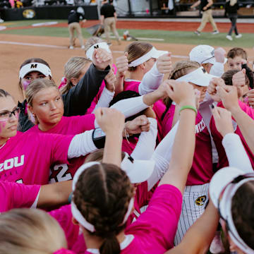 Mizzou softball gathers in the infield after defeating Florida 6-3 on Apr. 12, 2024. 