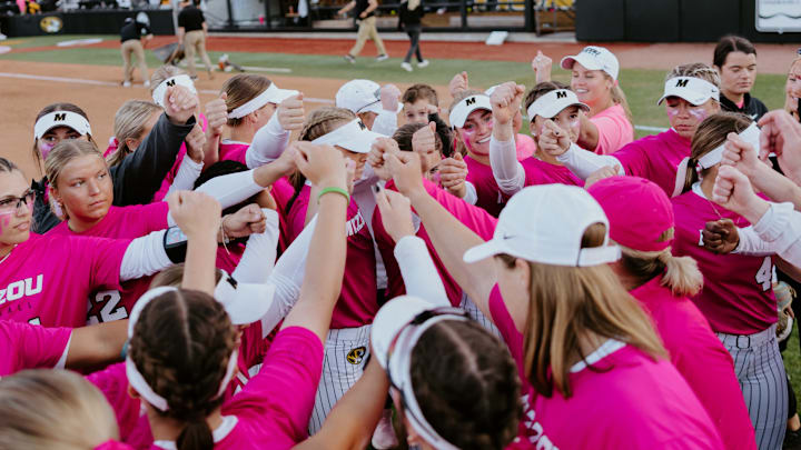 Mizzou softball gathers in the infield after defeating Florida 6-3 on Apr. 12, 2024. 