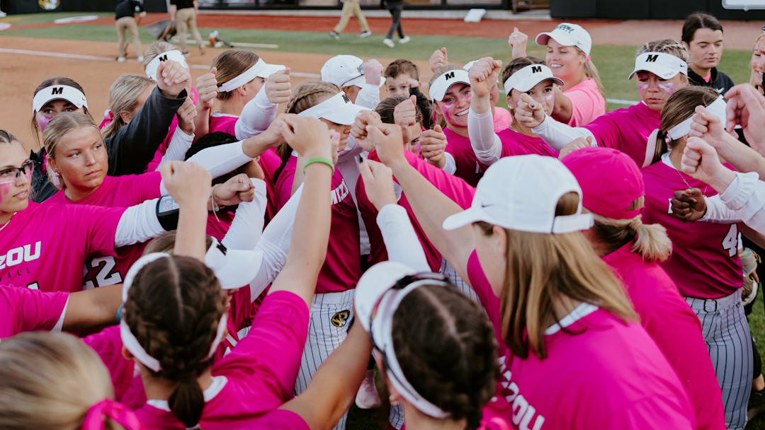 Mizzou softball gathers in the infield after defeating Florida 6-3 on Apr. 12, 2024. 