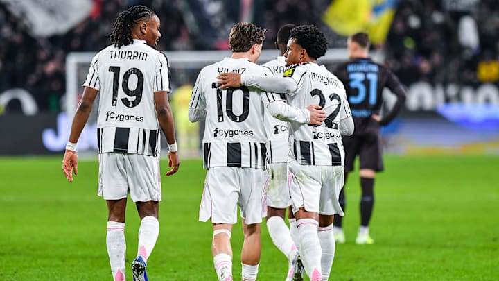 Kenan Yildiz of Juventus FC seen celebrating after scoring a... Kenan Yildiz of Juventus FC seen celebrating after scoring a...