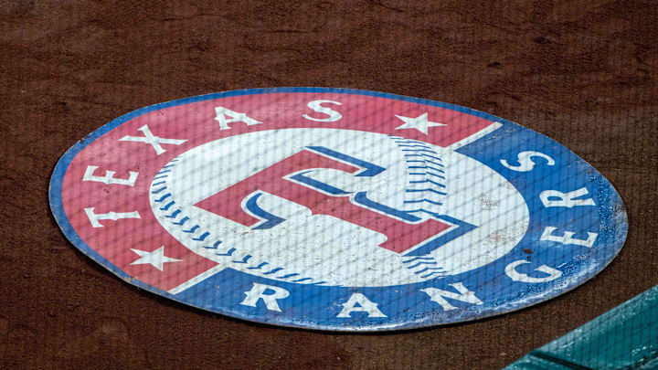 Sep 3, 2018; Arlington, TX, USA; A view of the Texas Rangers logo and batters circle during the game between the Texas Rangers and the Los Angeles Angels at Globe Life Park in Arlington. Sep 3, 2018; Arlington, TX, USA; A view of the Texas Rangers logo and batters circle during the game between the Texas Rangers and the Los Angeles Angels at Globe Life Park in Arlington.