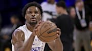 Apr 19, 2025; Los Angeles, California, USA; Los Angeles Lakers guard Bronny James (9) warms up prior to the game against the Minnesota Timberwolves at Crypto.com Arena.