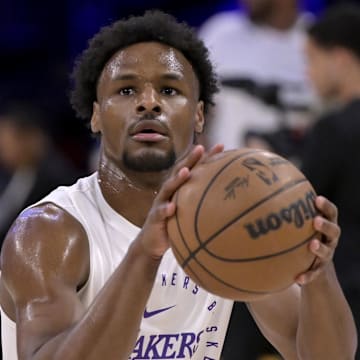 Apr 19, 2025; Los Angeles, California, USA; Los Angeles Lakers guard Bronny James (9) warms up prior to the game against the Minnesota Timberwolves at Crypto.com Arena.