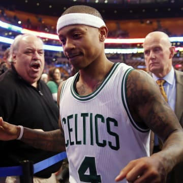 Dec 30, 2016; Boston, MA, USA;  Boston Celtics guard Isaiah Thomas (4) leaves the court after scoring 52 points during their 117-114 win over the Miami Heat at TD Garden. Mandatory Credit: Winslow Townson-USA TODAY Sports