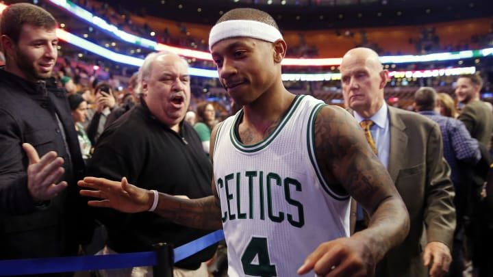 Dec 30, 2016; Boston, MA, USA;  Boston Celtics guard Isaiah Thomas (4) leaves the court after scoring 52 points during their 117-114 win over the Miami Heat at TD Garden. Mandatory Credit: Winslow Townson-USA TODAY Sports