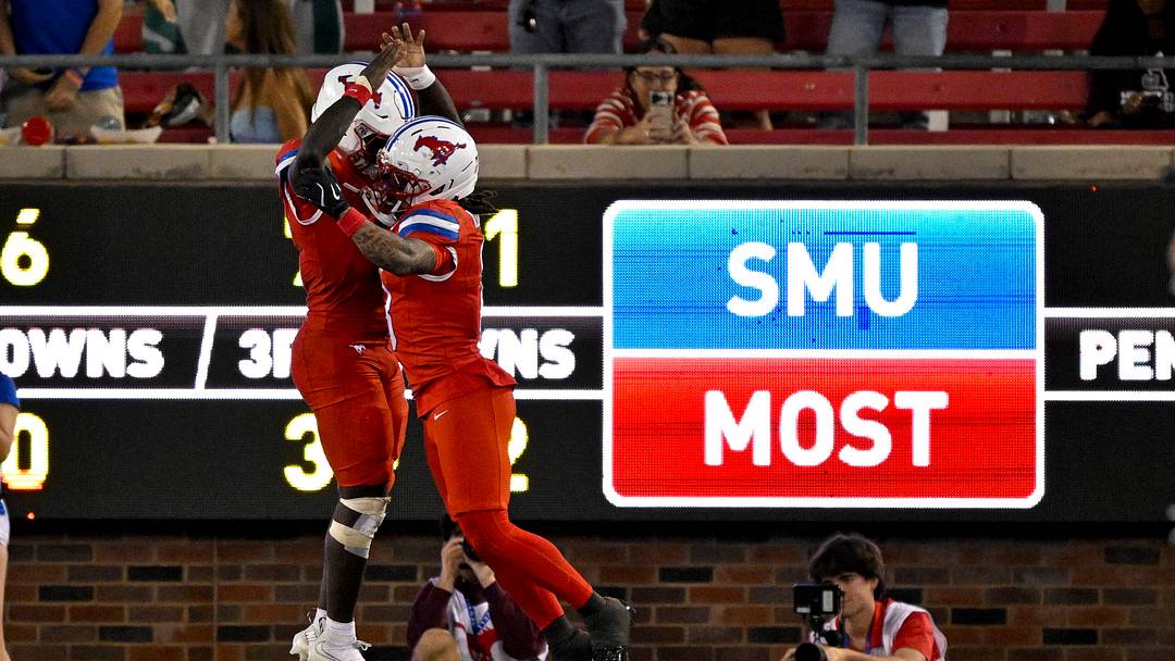 Sep 26, 2026; Dallas, Texas, USA; SMU Mustangs running back Dramekco Green (4) and cornerback Marcellus Barnes Jr. (8) celebrate a touchdown against the Missouri State Bears during the second half at Gerald J. Ford Stadium. Mandatory Credit: Jerome Miron-Imagn Images Sep 26, 2026; Dallas, Texas, USA; SMU Mustangs running back Dramekco Green (4) and cornerback Marcellus Barnes Jr. (8) celebrate a touchdown against the Missouri State Bears during the second half at Gerald J. Ford Stadium. Mandatory Credit: Jerome Miron-Imagn Images