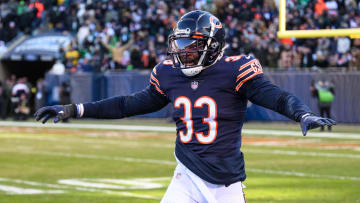 Dec 18, 2022; Chicago, Illinois, USA; Chicago Bears cornerback Jaylon Johnson (33) celebrates a pass breakup in the fourth quarter against the Philadelphia Eagles at Soldier Field. Mandatory Credit: Daniel Bartel-USA TODAY Sports