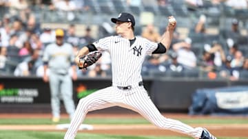 Mar 29, 2025; Bronx, New York, USA; New York Yankees starting pitcher Max Fried (54) pitches in the first inning against the Milwaukee Brewers at Yankee Stadium. 