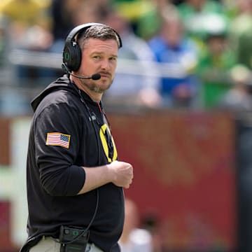 Oregon coach Dan Lanning oversees his team as the Fighting Ducks face off against Mighty Oregon in the Oregon Ducks spring game on April 26, 2025, at Autzen Stadium in Eugene.