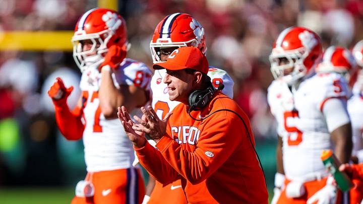 Nov 29, 2025; Columbia, South Carolina, USA; Clemson Tigers head coach Dabo Swinney directs his team against the South Carolina Gamecocks in the second quarter at Williams-Brice Stadium. Mandatory Credit: Jeff Blake-Imagn Images