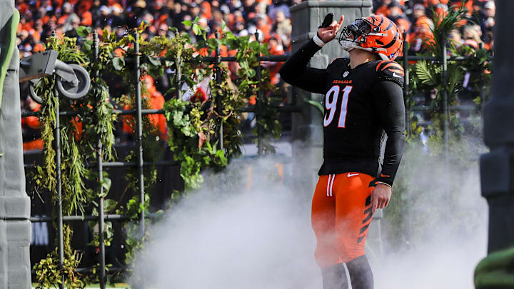 Dec 22, 2024; Cincinnati, Ohio, USA; Cincinnati Bengals defensive end Trey Hendrickson (91) runs onto the field before the game against the Cleveland Browns at Paycor Stadium. Mandatory Credit: Katie Stratman-Imagn Images
