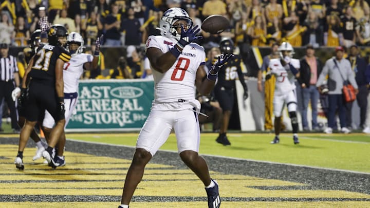 Sep 19, 2024; Boone, North Carolina, USA;  South Alabama Jaguars tight end DJ Thomas-Jones (8) catches a touchdown pass during the first quarter against the Appalachian State Mountaineers at Kidd Brewer Stadium. Mandatory Credit: Reinhold Matay-Imagn Images