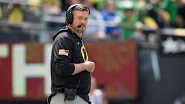 Oregon coach Dan Lanning oversees his team as the Fighting Ducks face off against Mighty Oregon in the Oregon Ducks spring game on April 26, 2025, at Autzen Stadium in Eugene.
