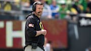 Oregon coach Dan Lanning oversees his team as the Fighting Ducks face off against Mighty Oregon in the Oregon Ducks spring game on April 26, 2025, at Autzen Stadium in Eugene.