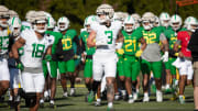 Oregon tight end Terrance Ferguson works out during practice with the Oregon Ducks Tuesday, April 2, 2024 in Eugene, Ore.