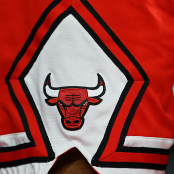 Dec 6, 2016; Auburn Hills, MI, USA; A view of the Chicago Bulls logo on a pair of game shorts at The Palace of Auburn Hills. The Pistons won 102-91.Mandatory Credit: Aaron Doster-USA TODAY Sports