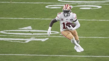 Feb 11, 2024; Paradise, Nevada, USA; San Francisco 49ers wide receiver Deebo Samuel (19) runs with the ball against the Kansas City Chiefs LVIII between Kansas City Chiefs and San Francisco 49ers at Allegiant Stadium. Mandatory Credit: Joe Camporeale-USA TODAY Sports