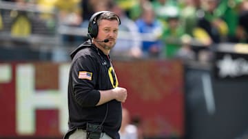 Oregon coach Dan Lanning oversees his team as the Fighting Ducks face off against Mighty Oregon in the Oregon Ducks spring game on April 26, 2025, at Autzen Stadium in Eugene.