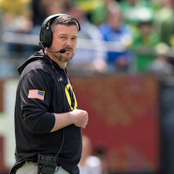 Oregon coach Dan Lanning oversees his team as the Fighting Ducks face off against Mighty Oregon in the Oregon Ducks spring game on April 26, 2025, at Autzen Stadium in Eugene.