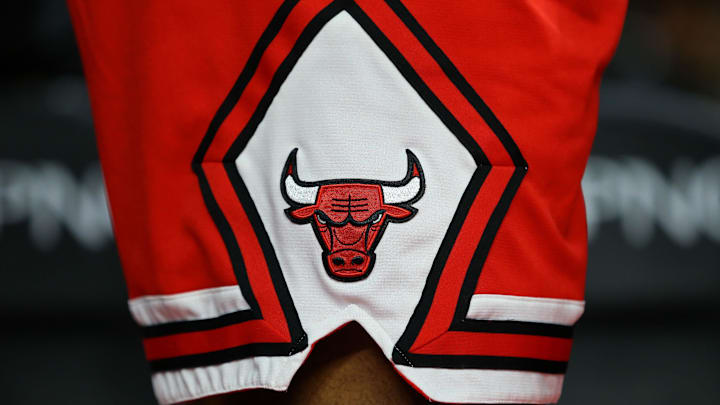 A view of the Chicago Bulls logo on a pair of game shorts at The Palace of Auburn Hills. The Pistons won 102-91. A view of the Chicago Bulls logo on a pair of game shorts at The Palace of Auburn Hills. The Pistons won 102-91.
