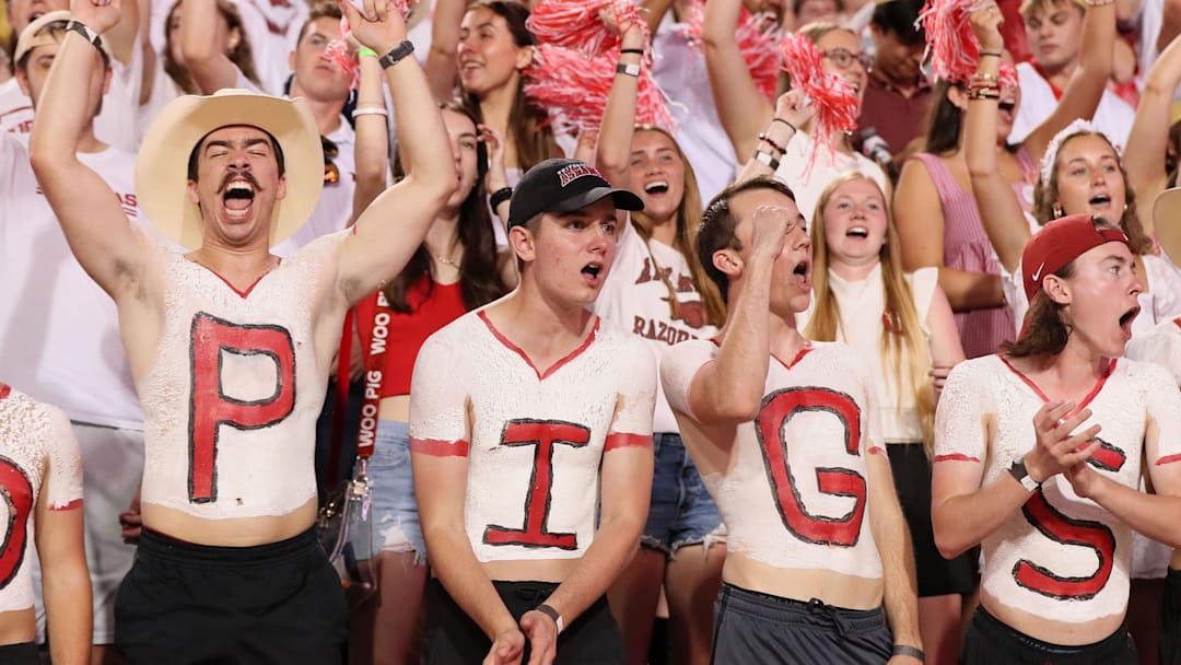 Oct 5, 2024; Fayetteville, Arkansas, USA; The Arkansas Razorbacks student section cheers during the game against the Tennessee Volunteers at Donald W. Reynolds Razorback Stadium. Arkansas won 19-14. Mandatory Credit: Nelson Chenault-Imagn Images