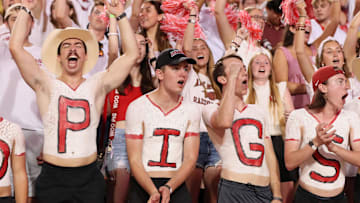 Oct 5, 2024; Fayetteville, Arkansas, USA; The Arkansas Razorbacks student section cheers during the game against the Tennessee Volunteers at Donald W. Reynolds Razorback Stadium. Arkansas won 19-14. Mandatory Credit: Nelson Chenault-Imagn Images