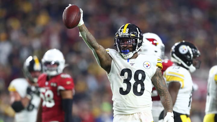 Dec 8, 2019; Glendale, AZ, USA; Pittsburgh Steelers running back Jaylen Samuels (38) celebrates a first down against the Arizona Cardinals in the second half at State Farm Stadium. Mandatory Credit: Mark J. Rebilas-Imagn Images