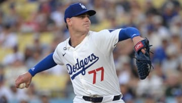 Jul 22, 2024; Los Angeles, California, USA;  Los Angeles Dodgers starting pitcher Ryan River (77) delivers to the plate in the first inning against the San Francisco Giants at Dodger Stadium. Mandatory Credit: Jayne Kamin-Oncea-USA TODAY Sports