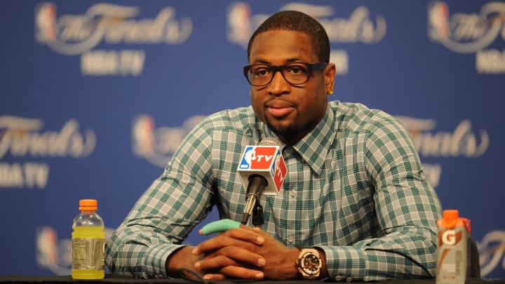 Jun 14, 2012; Oklahoma City, OK, USA; Miami Heat shooting guard Dwyane Wade talks to the media during the post game press conference after game two in the 2012 NBA Finals against the Oklahoma City Thunder at the Chesapeake Energy Arena. Miami won 100-96. Mandatory Credit: Jerome Miron-USA TODAY Sports