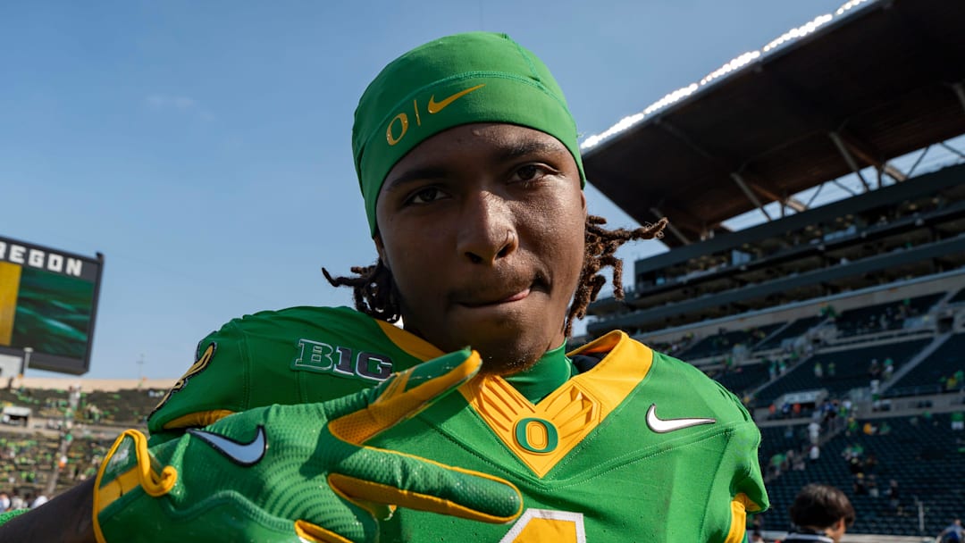 Oregon wide receiver Dakorien Moore celebrates the Ducks’ win as the Oregon Ducks host the Oklahoma State Cowboys on Sept. 6, 2025, at Autzen Stadium in Eugene, Oregon.
