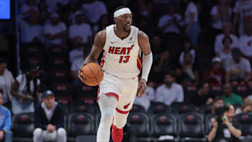 Apr 26, 2025; Miami, Florida, USA; Miami Heat center Bam Adebayo (13) dribbles the basketball against the Cleveland Cavaliers in the third quarter during game three for the first round of the 2025 NBA Playoffs at Kaseya Center. Mandatory Credit: Sam Navarro-Imagn Images