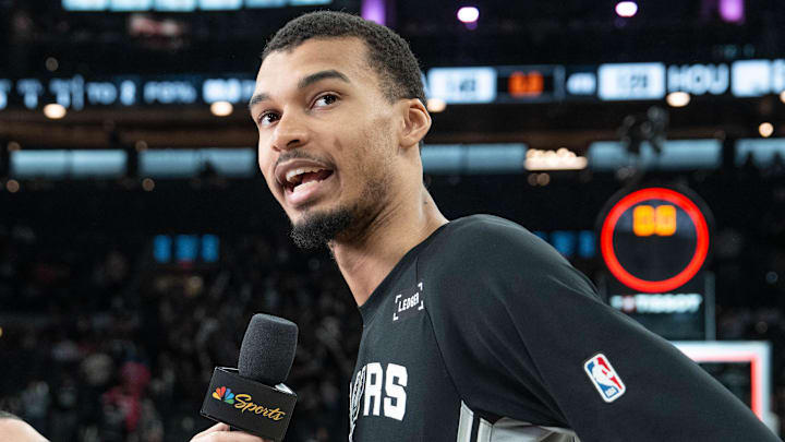 Mar 8, 2026; San Antonio, Texas, USA;  San Antonio Spurs forward Victor Wembanyama (1) gives an interview after the game against the Houston Rockets at Frost Bank Center. Mandatory Credit: Daniel Dunn-Imagn Images