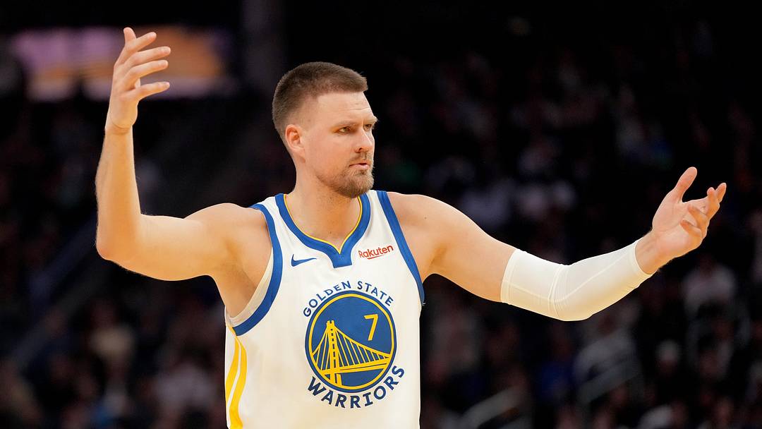 Mar 13, 2026; San Francisco, California, USA; Golden State Warriors forward Kristaps Porzingis (7) reacts after being fouled against the Minnesota Timberwolves in the fourth quarter at the Chase Center. Mandatory Credit: Cary Edmondson-Imagn Images