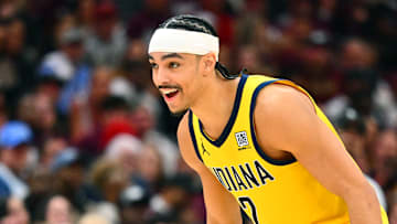Indiana Pacers guard Andrew Nembhard (2) during a playoff game against the Cleveland Cavaliers.