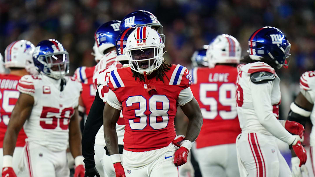 Dec 1, 2025; Foxborough, Massachusetts, USA; New England Patriots running back Rhamondre Stevenson (38) celebrates after a run during the second quarter against the New York Giants at Gillette Stadium. Mandatory Credit: David Butler II-Imagn Images