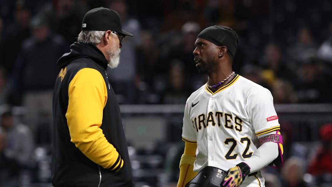 Apr 16, 2025; Pittsburgh, Pennsylvania, USA;  Pittsburgh Pirates right fielder Andrew McCutchen (22) yells at Washington Nationals relief pitcher Jorge Lopez (not pictured) after being brushed back by a high pitch during the seventh inning at PNC Park. Mandatory Credit: Charles LeClaire-Imagn Images