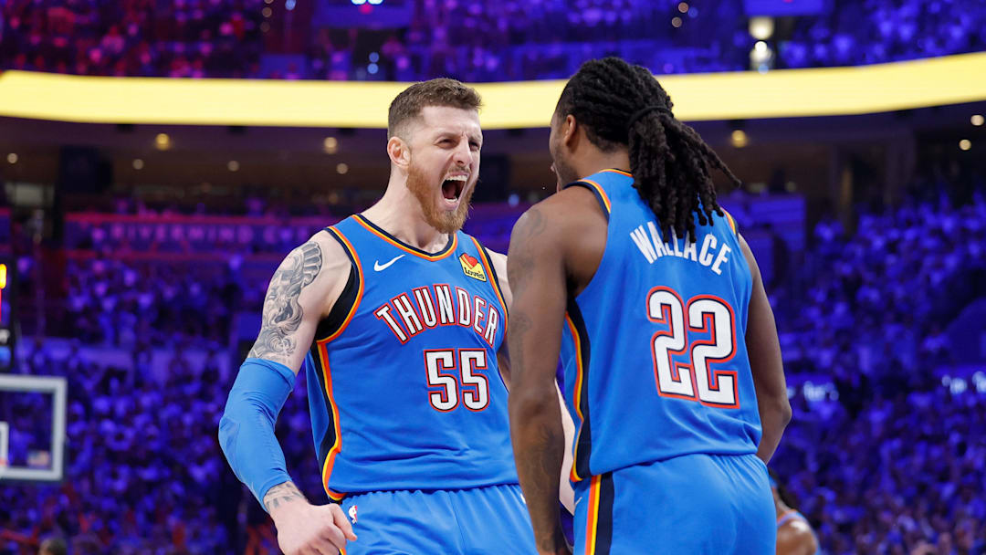 May 18, 2025; Oklahoma City, Oklahoma, USA; Oklahoma City Thunder center Isaiah Hartenstein (55) celebrates with guard Cason Wallace (22) after a basket against the Denver Nuggets in the second half during game seven of the second round for the 2025 NBA Playoffs at Paycom Center. Mandatory Credit: Alonzo Adams-Imagn Images