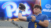 Oct 25, 2025; Pittsburgh, Pennsylvania, USA; Pittsburgh Panthers quarterback Mason Heintschel (6) warms up before the game against the North Carolina State Wolfpack at Acrisure Stadium. Mandatory Credit: Charles LeClaire-Imagn Images