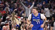 Dec 25, 2024; Dallas, Texas, USA; Dallas Mavericks guard Luka Doncic (77) celebrates after making a basket against the Minnesota Timberwolves during the first quarter at the American Airlines Center. Mandatory Credit: Jerome Miron-Imagn Images