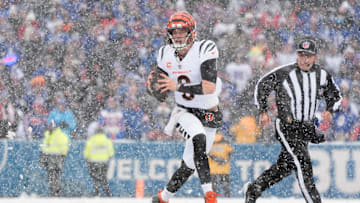 Dec 7, 2025; Orchard Park, New York, USA; Cincinnati Bengals quarterback Joe Burrow (9) looks to throw in the second quarter against the Buffalo Bills at Highmark Stadium. Mandatory Credit: Gregory Fisher-Imagn Images