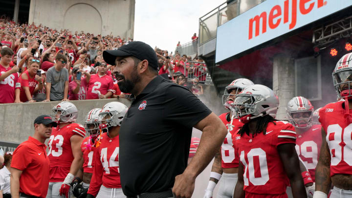 August 31, 2024; Columbus, Ohio, USA;
Ohio State Buckeyes head coach Ryan Day prepares to take the field for Saturday’s NCAA Division I football game against the Akron Zips at Ohio Stadium.