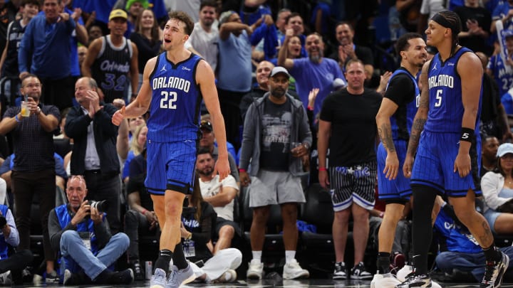 Apr 27, 2024; Orlando Magic forward Franz Wagner (22) reacts after a basket against the Cleveland Cavaliers in the fourth quarter during game four of the first round for the 2024 NBA playoffs at Kia Center. 