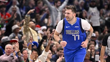 Dec 25, 2024; Dallas, Texas, USA; Dallas Mavericks guard Luka Doncic (77) celebrates after making a basket against the Minnesota Timberwolves during the first quarter at the American Airlines Center. Mandatory Credit: Jerome Miron-Imagn Images