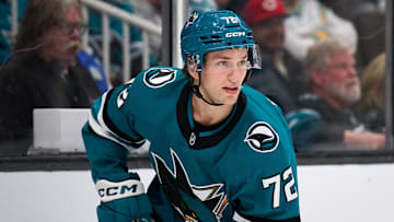Apr 5, 2025; San Jose, California, USA; San Jose Sharks left wing William Eklund (72) skates against the Seattle Kraken during the first period at SAP Center at San Jose. Mandatory Credit: Robert Edwards-Imagn Images