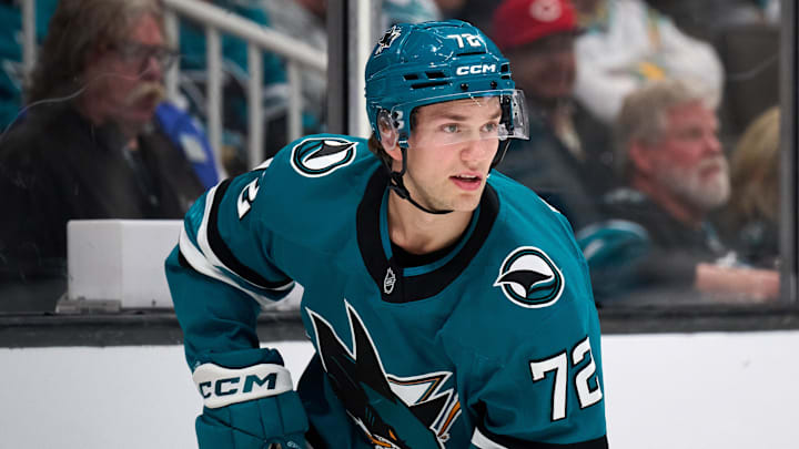 Apr 5, 2025; San Jose, California, USA; San Jose Sharks left wing William Eklund (72) skates against the Seattle Kraken during the first period at SAP Center at San Jose. Mandatory Credit: Robert Edwards-Imagn Images