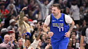 Dec 25, 2024; Dallas, Texas, USA; Dallas Mavericks guard Luka Doncic (77) celebrates after making a basket against the Minnesota Timberwolves during the first quarter at the American Airlines Center. Mandatory Credit: Jerome Miron-Imagn Images