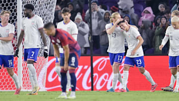 The USMNT celebrate a goal during their 3-0 win over Costa Rica in January, 2025.