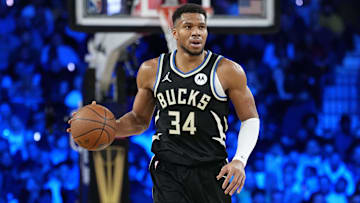 Dec 17, 2024; Las Vegas, Nevada, USA; Milwaukee Bucks forward Giannis Antetokounmpo (34) dribbles during the 3rd quarter of the Emirates NBA Cup championship game against the Oklahoma City Thunder at T-Mobile Arena. Mandatory Credit: Kyle Terada-Imagn Images