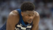 May 14, 2025; Minneapolis, Minnesota, USA; Minnesota Timberwolves guard Anthony Edwards (5) looks on against the Golden State Warriors in the first half during game five of the second round for the 2025 NBA Playoffs at Target Center. Mandatory Credit: Jesse Johnson-Imagn Images